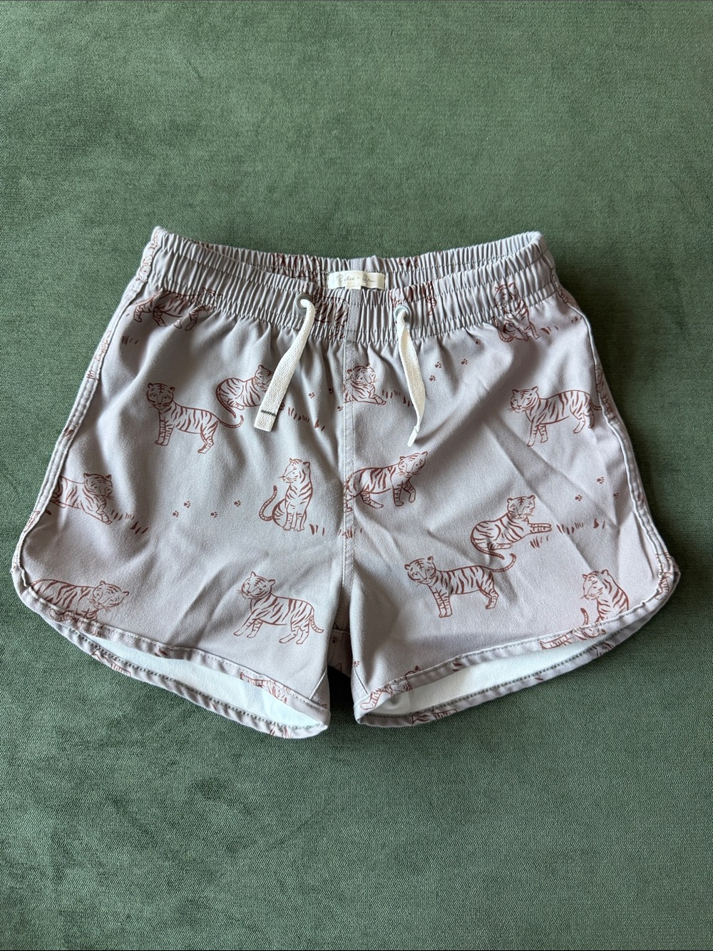 Rylee + Cru Gray swim trunks with Rust Tiger Print size 4-5y